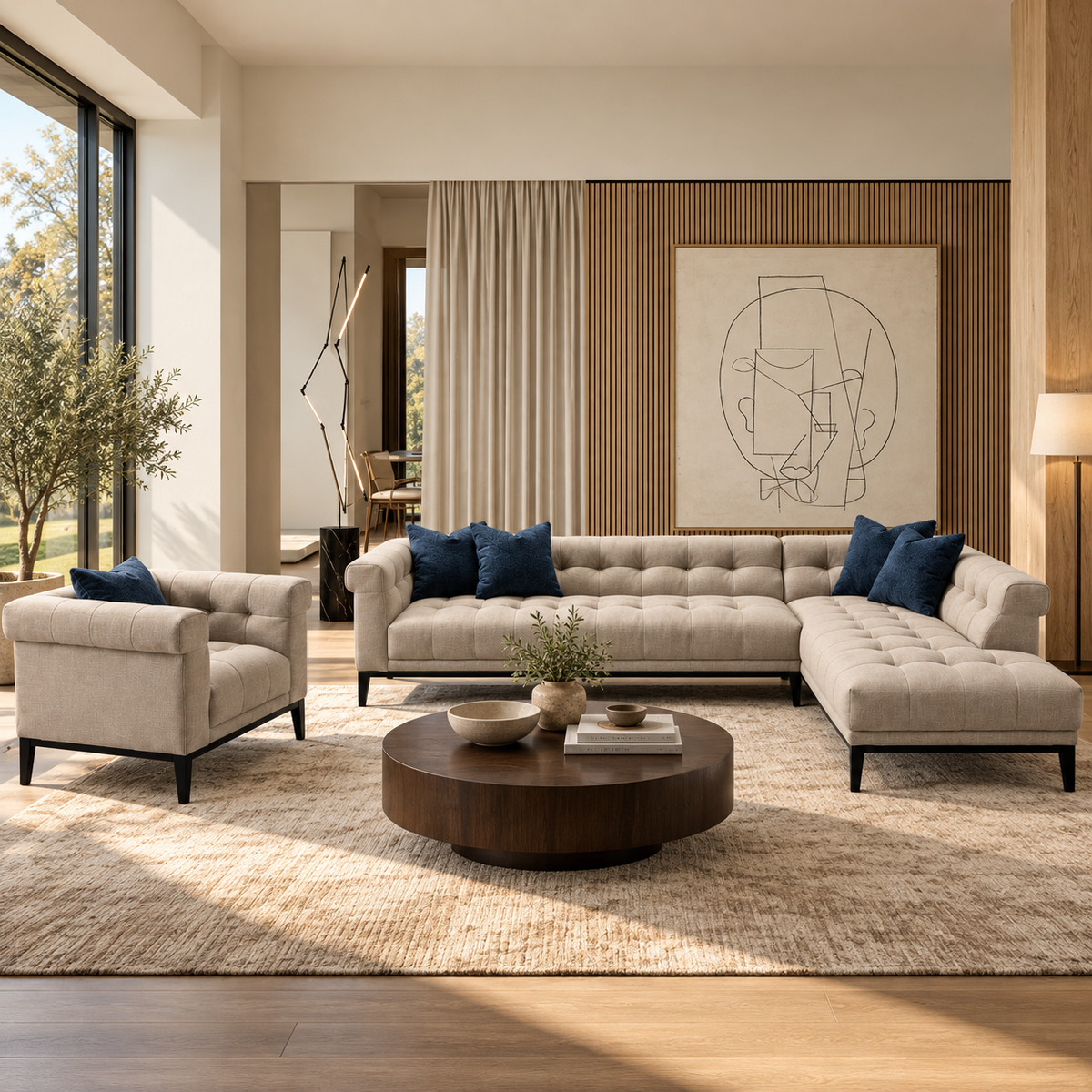 Agate Beige and Navy Cushion Sectional Raf
