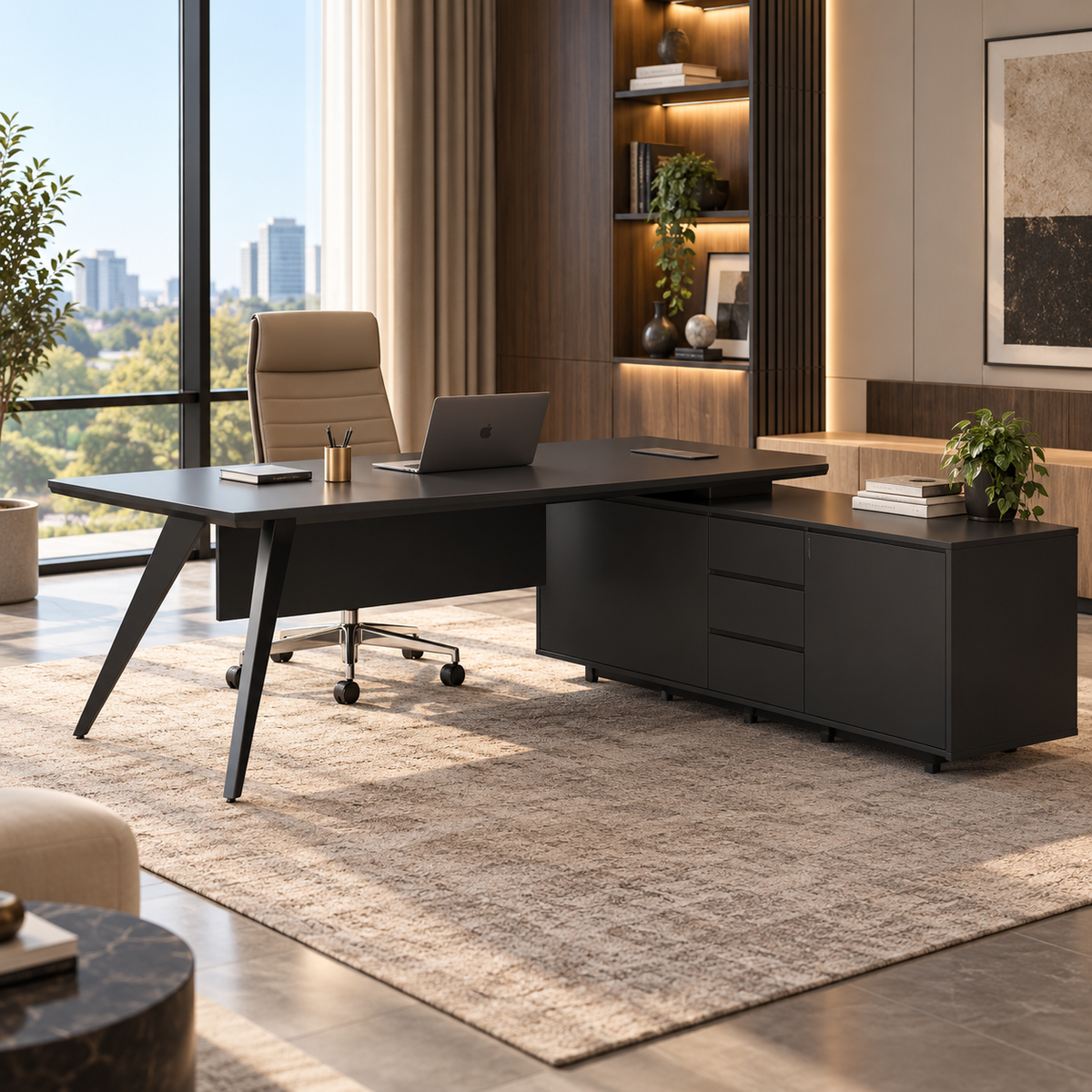Pure Black Office Desk with Storage Side Return - Large
