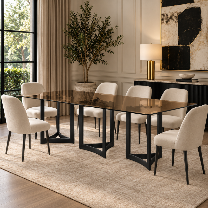 Alexa Dining Table Black Base and 240 CM Gold Glass