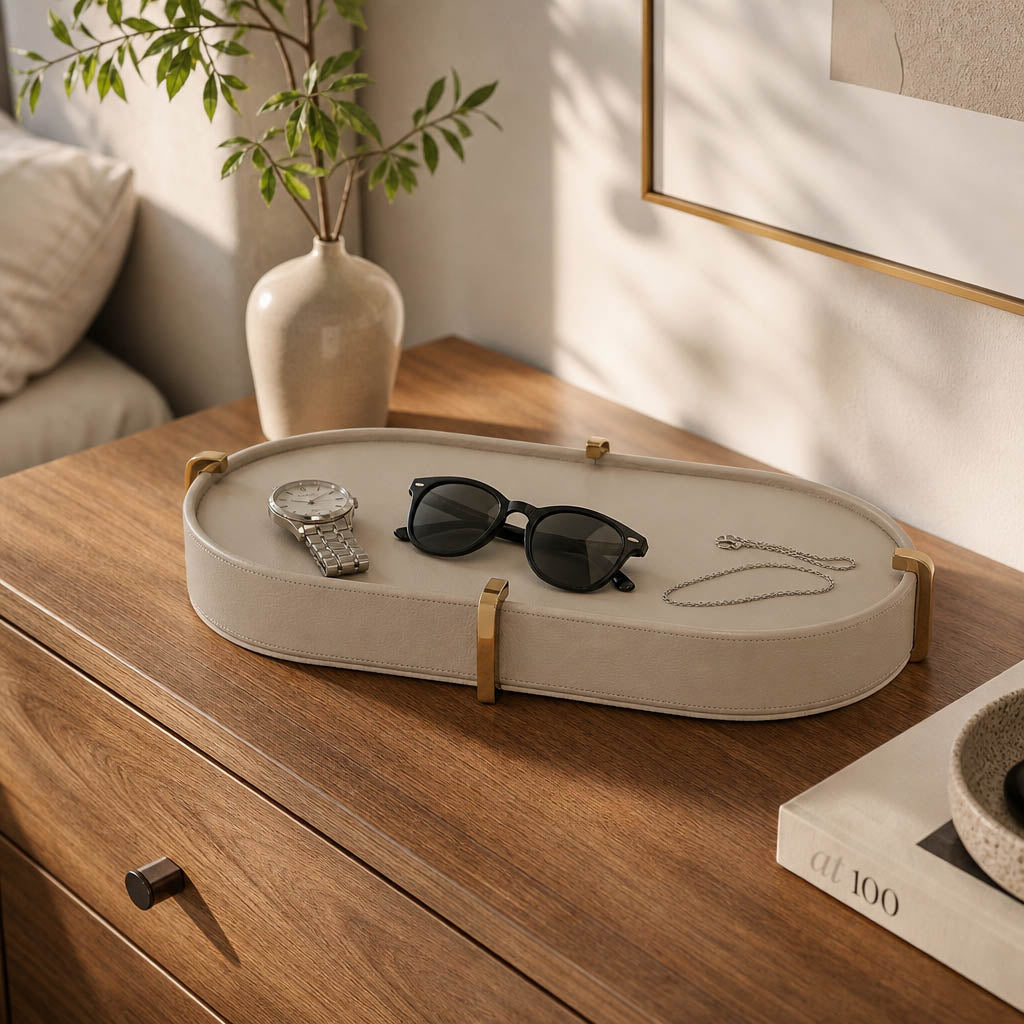 16" HAMDEN TAUPE LEATHER TRAY