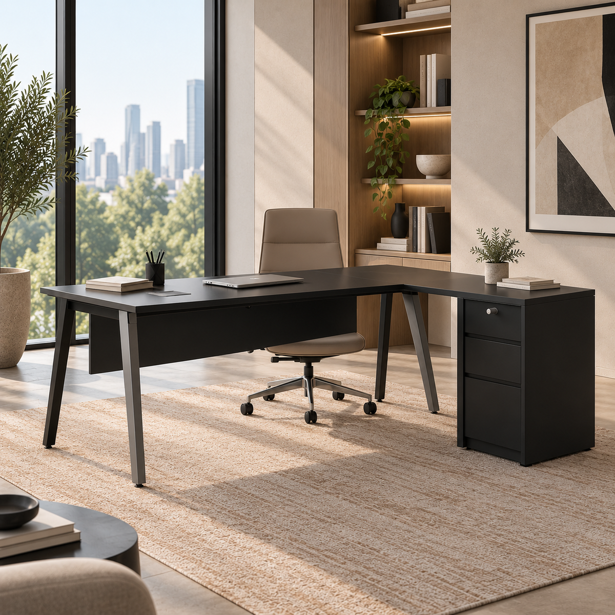 Desk with Side Pedestal - Pure Black (1600 mm)
