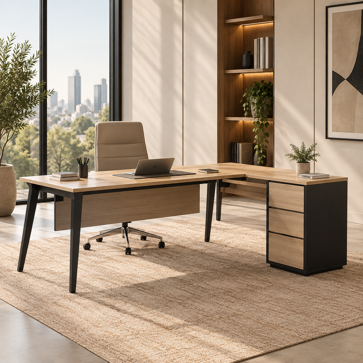Desk with Side Pedestal - Light Oak and Pure Black (1600 mm)