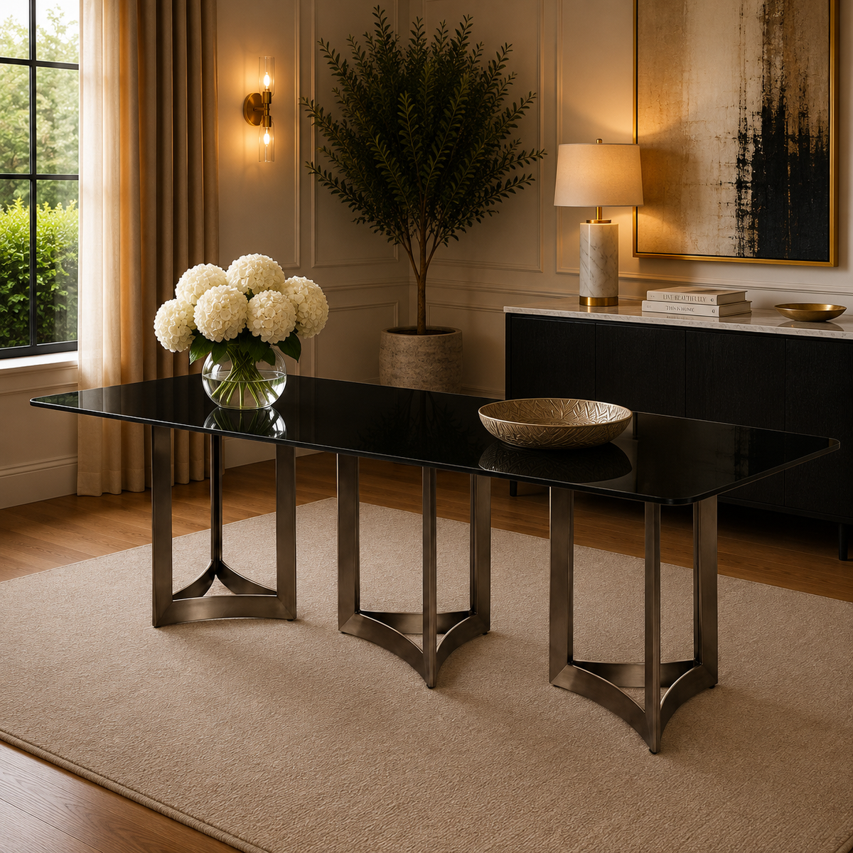 Alexa Dining Table Bronze Base and 395 CM Black Glass