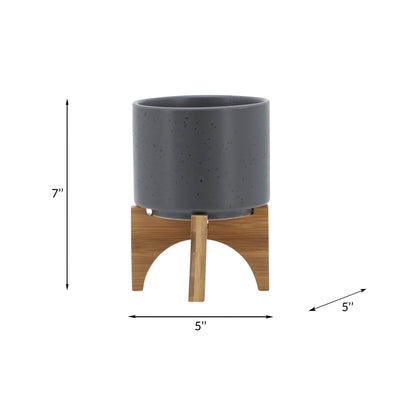 5 PLANTER W/ WOOD STAND, MATTE GRAY