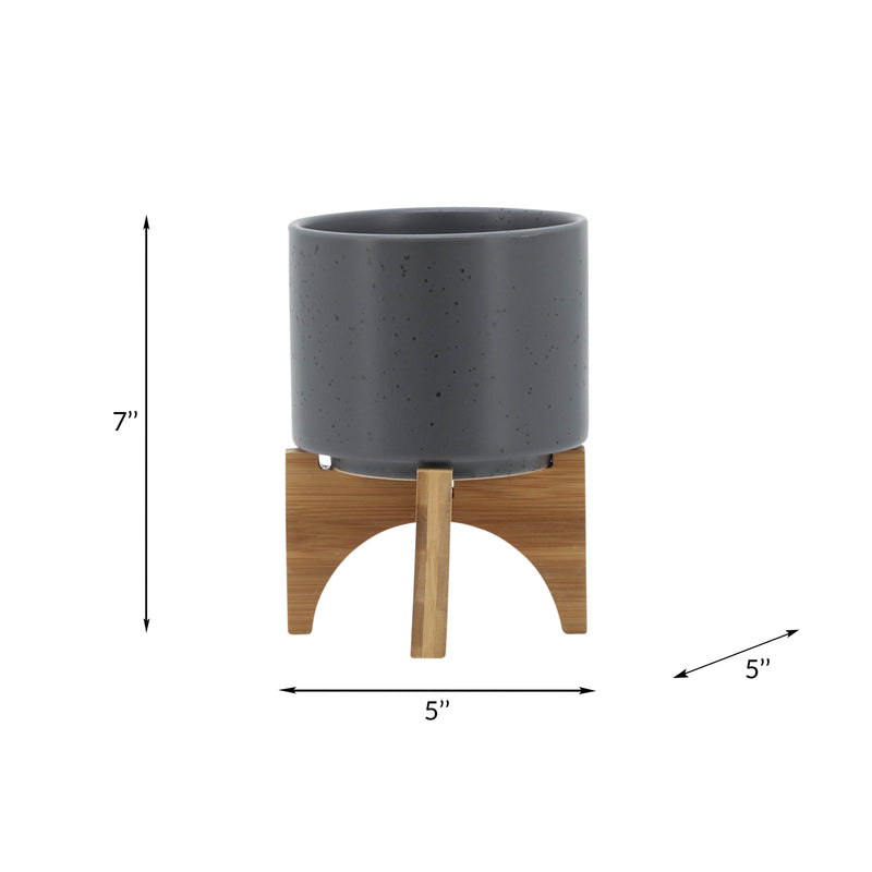 5 PLANTER W/ WOOD STAND, MATTE GRAY