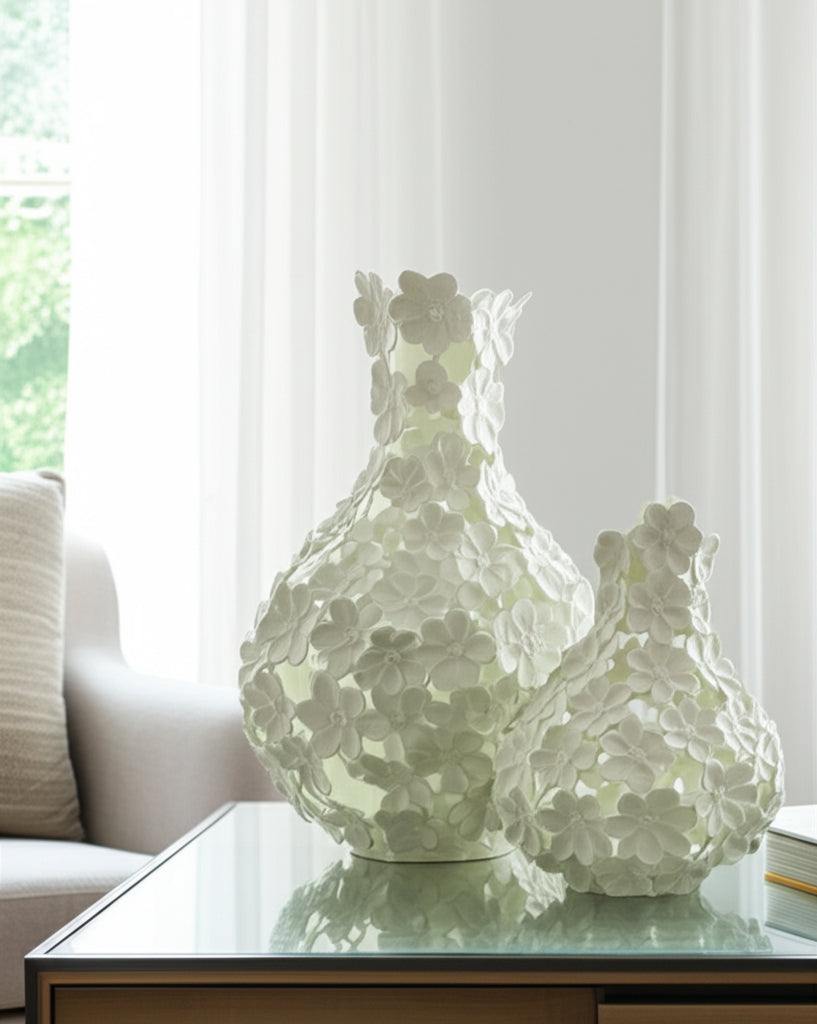 مزهرية معدنية بتصميم زهرة منقوشة، عاجية Cut-out Flower Metal Vase, Ivory