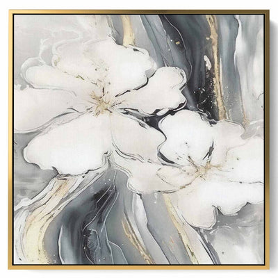 Square Canvas Wall Art Stretched Over Wooden Frame with Gold Floating Frame and Flower Oil Painting