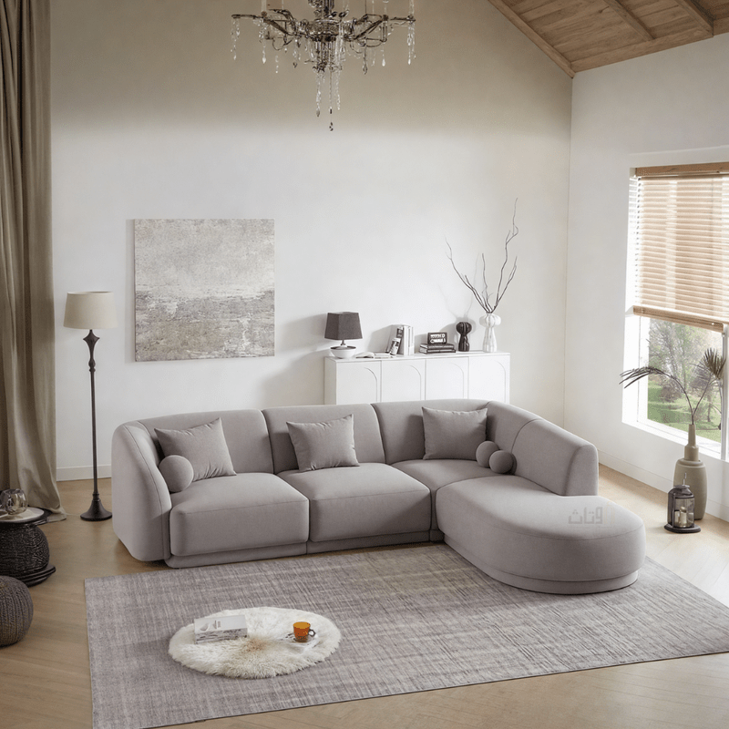 Elegant Curved L - Shaped Sofa with Round Cushions – Grey - Al Rugaib Furniture