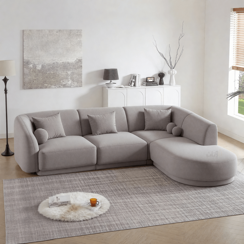 Elegant Curved L - Shaped Sofa with Round Cushions – Grey - Al Rugaib Furniture