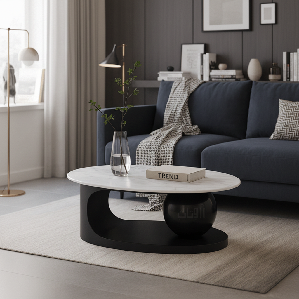 Elegant Oval Marble Coffee Table with Black Base Coffee Table| Otath