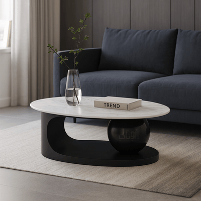 Elegant Oval Marble Coffee Table with Black Base - Al Rugaib Furniture