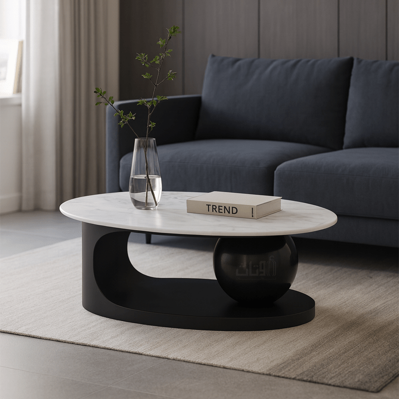 Elegant Oval Marble Coffee Table with Black Base - Al Rugaib Furniture