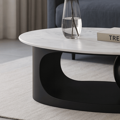 Elegant Oval Marble Coffee Table with Black Base - Al Rugaib Furniture