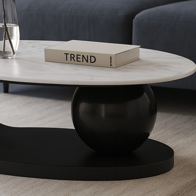 Elegant Oval Marble Coffee Table with Black Base - Al Rugaib Furniture