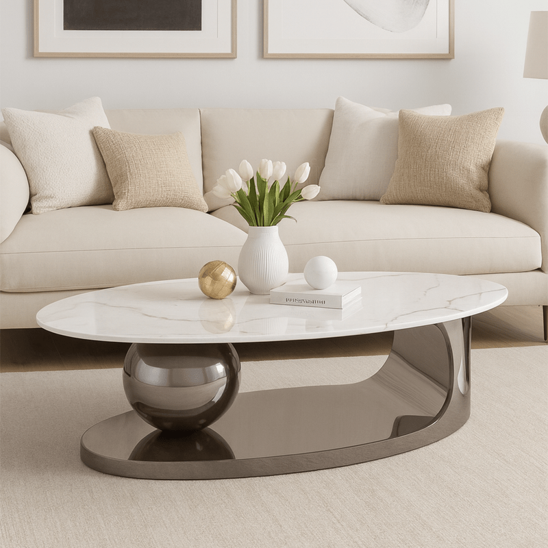 Elegant Oval Marble Coffee Table with Modern Metal Base Coffee Table| Otath
