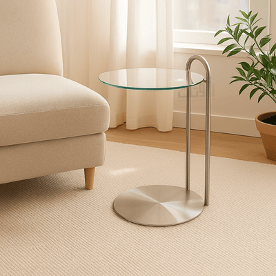 Elegant Side Table with Clear Glass Top and Shiny Silver Steel Base - Al Rugaib Furniture