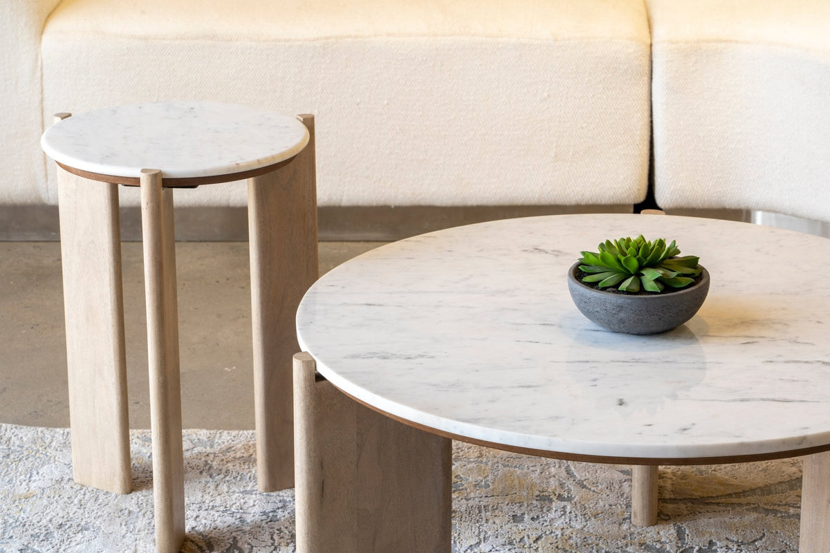 ELEN Acacia wood White Marble Round Coffee table Coffee Tables| Roots Furniture