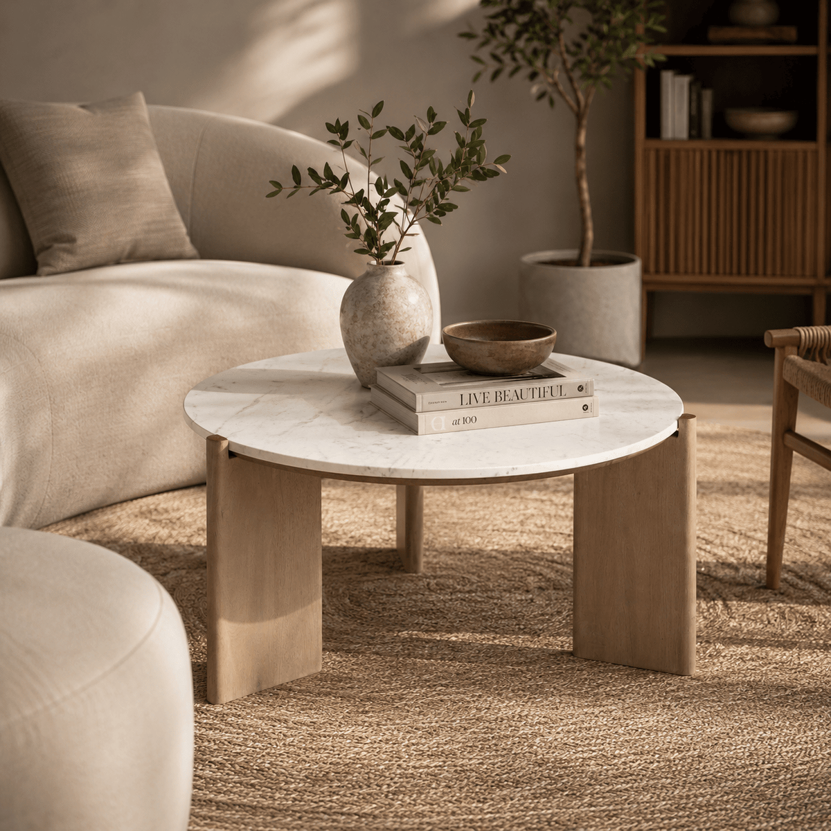 ELEN Acacia wood White Marble Round Coffee table Coffee Tables| Roots Furniture