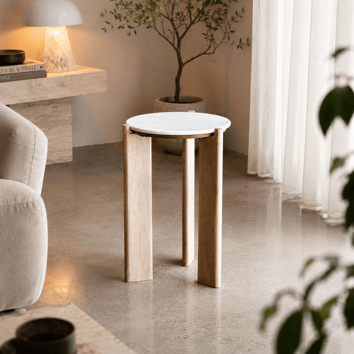 ELEN Acacia wood White Marble Side table Coffee Tables| Roots Furniture