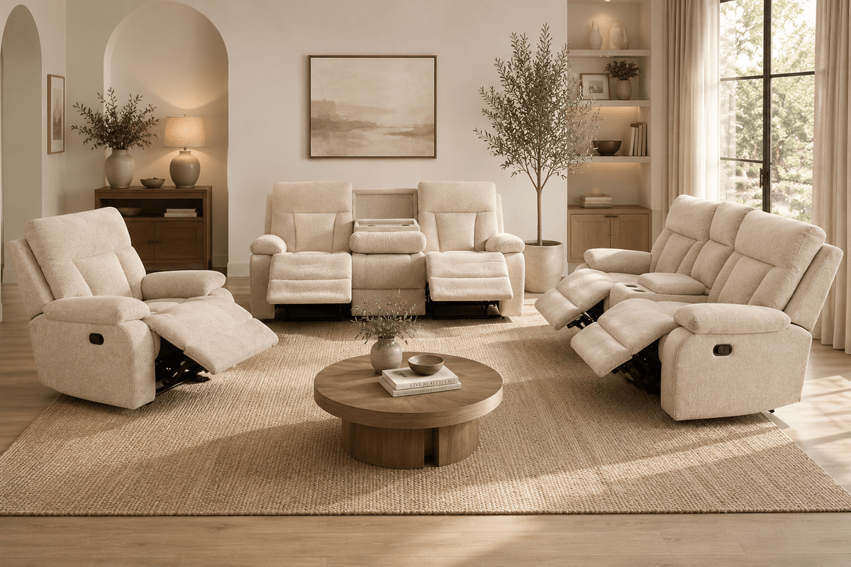 Eloria Beige 3 Seater Motion Sofa Recliners| Roots Furniture