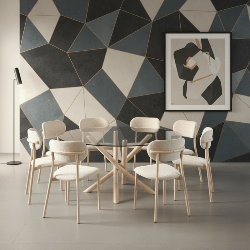 Emma Round Clear Beige Glass Dining Set – Table + 8 Chairs – Light luxury for spacious areas Dining Set| Otath