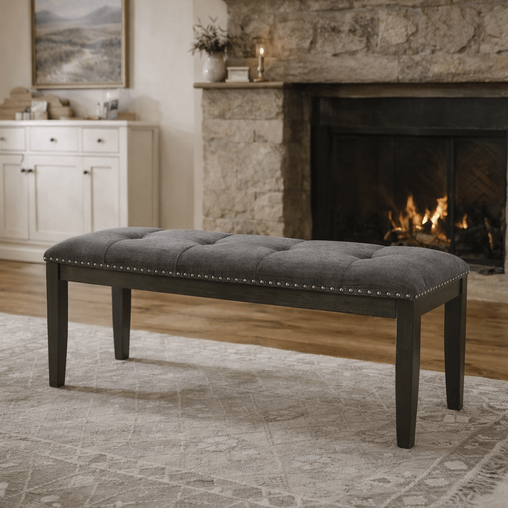 Everdeen Bench w/ Grey Fabric and Nail Heads in Charcoal Dining Benches| Roots Furniture