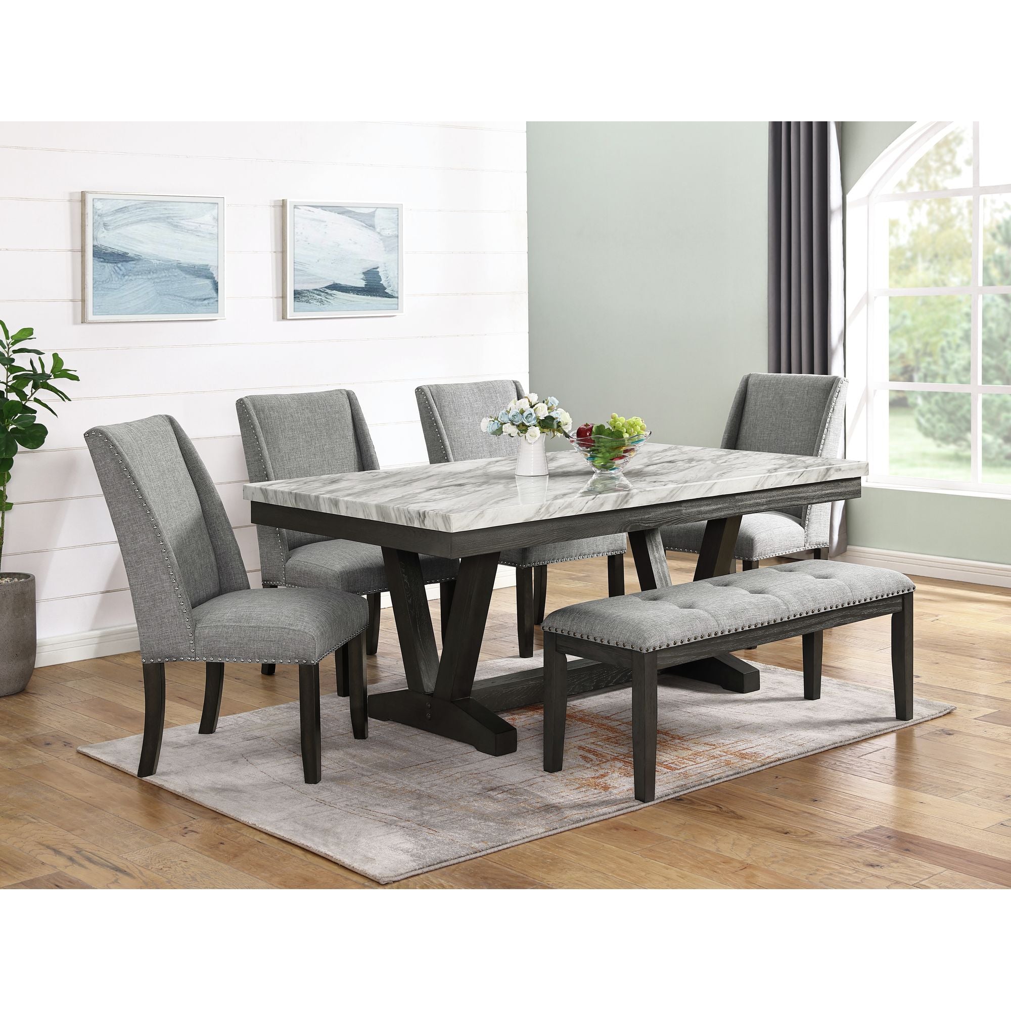 Everdeen Dining Table w/ White Faux Marble Top in Charcoal Dining Chairs| Roots Furniture
