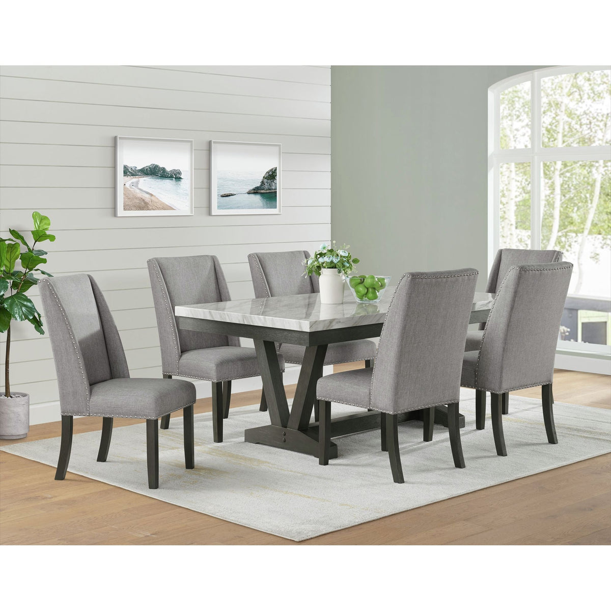 Everdeen Dining Table w/ White Faux Marble Top in Charcoal Dining Chairs| Roots Furniture