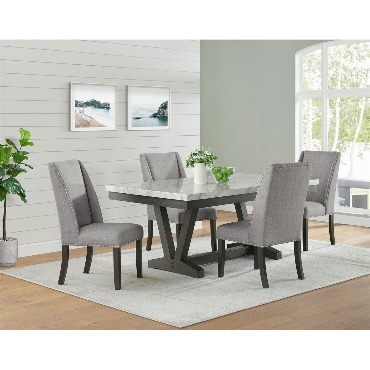 Everdeen Dining Table w/ White Faux Marble Top in Charcoal Dining Chairs| Roots Furniture