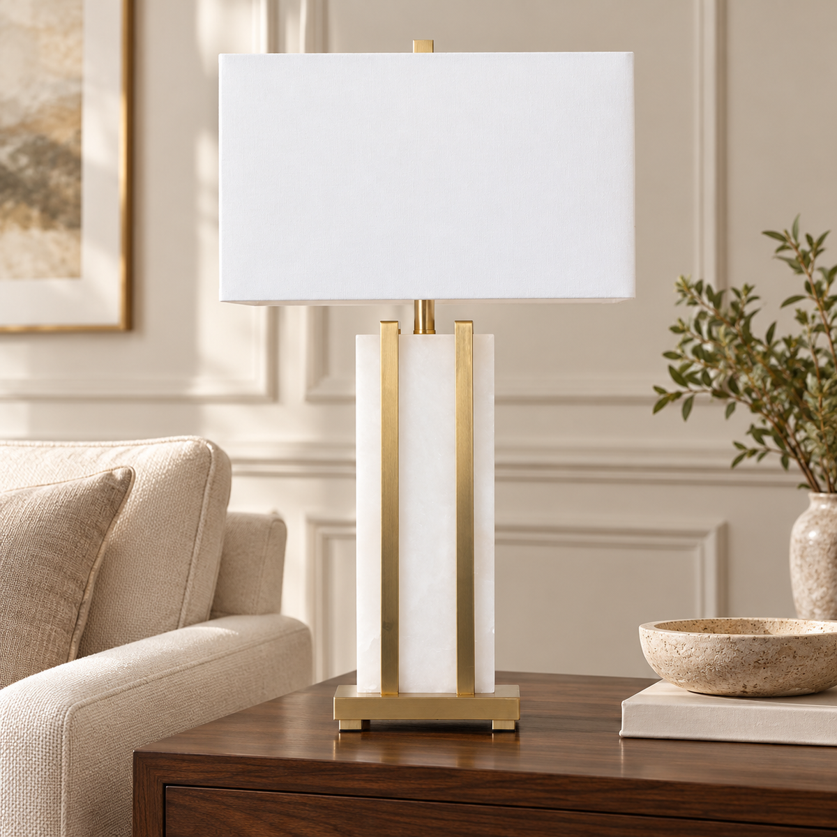 Stark Alabaster Table Lamp in Antique Brass-76cm H