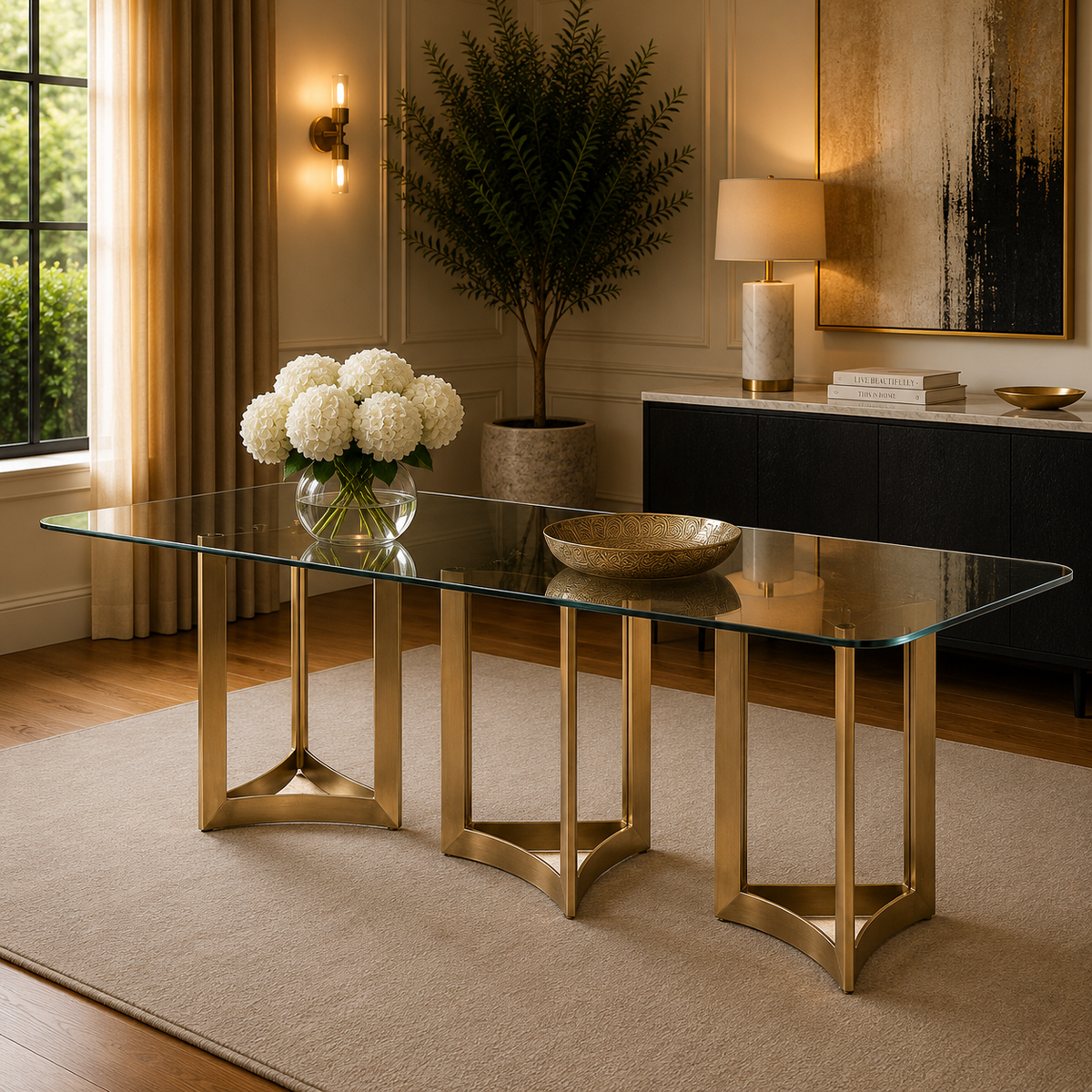 Alexa Dining Table Gold Base and 350 CM Clear Glass