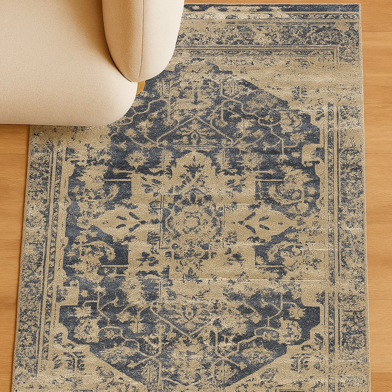 Elegant Vintage-Style Blue and Beige Area Rug