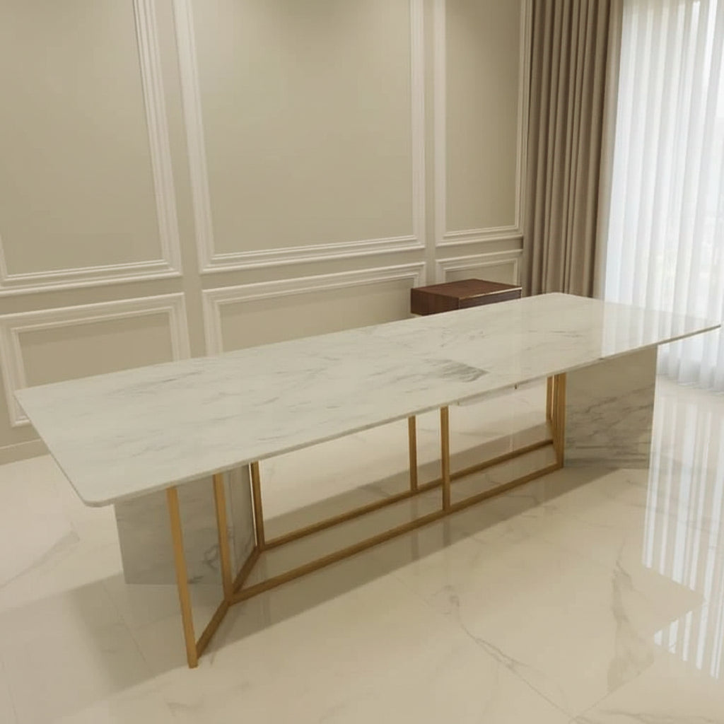 Royal | Noble Nova Natural Marble & Steel Dining Table - Golden & White - 250×130×80 cm