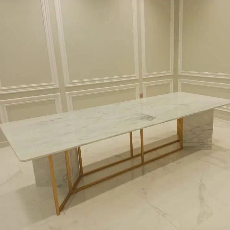 Royal | Noble Nova Natural Marble & Steel Dining Table - Golden & White - 250×130×80 cm