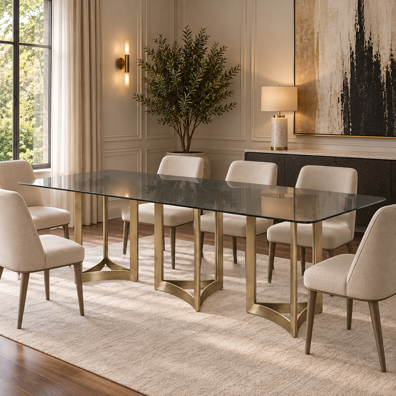 Alexa Dining Table Gold Base and 350 CM Gray Glass