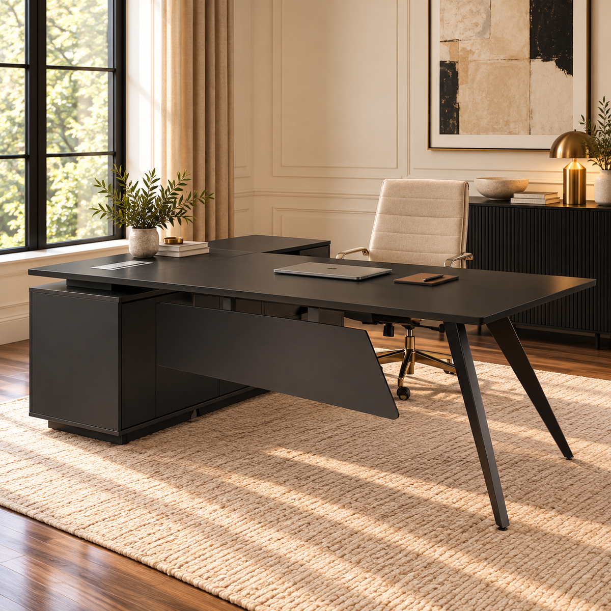 Pure Black Office Desk with Storage Side Return - Medium