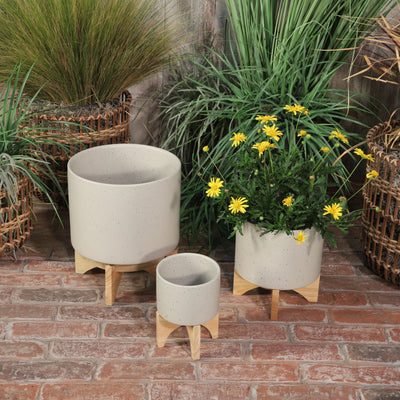 10 PLANTER W/ WOOD STAND, MATTE BEIGE