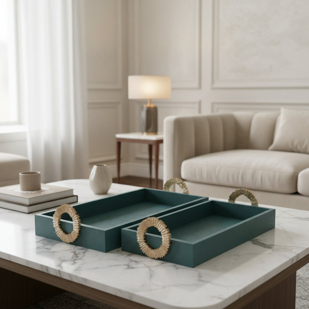 FAUX LEATHER, S/2 16/18" 5TH AVE TRAYS, GREEN/GOLD Tray| Sagebrook Home