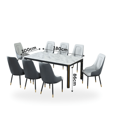 Faux Marble Dining Table Set with 8 Elegant Two - Tone Gray Chairs - Al Rugaib Furniture