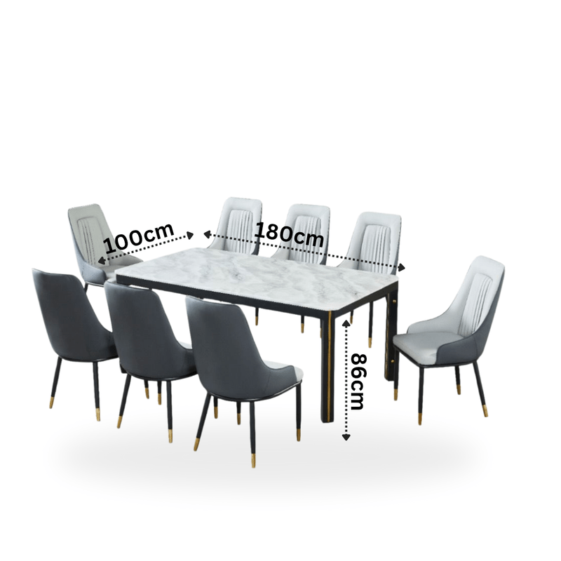 Faux Marble Dining Table Set with 8 Elegant Two - Tone Gray Chairs - Al Rugaib Furniture