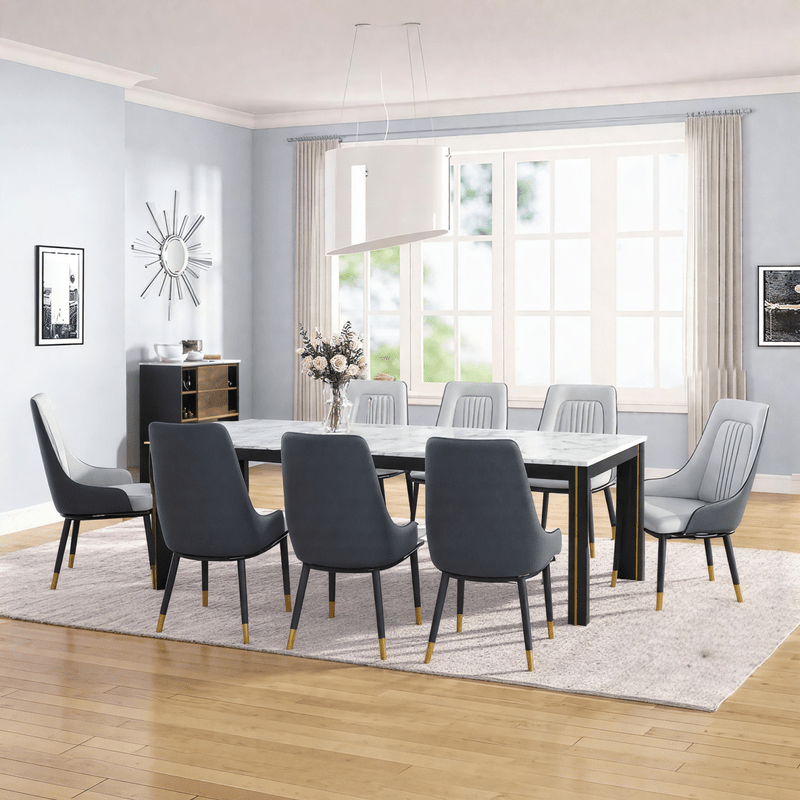 Faux Marble Dining Table Set with 8 Elegant Two - Tone Gray Chairs - Al Rugaib Furniture