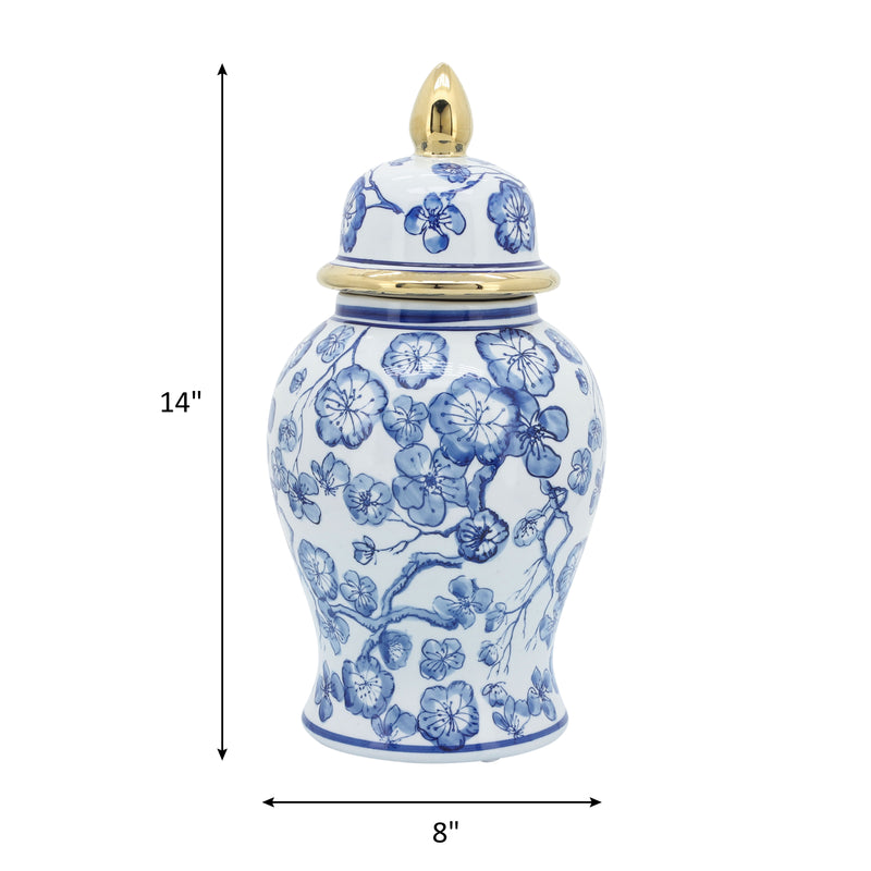 14 TEMPLE JAR W/ HIBISCUS, BLUE & WHITE