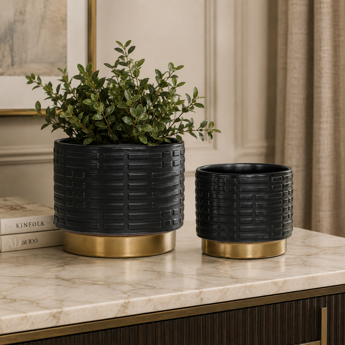 S/2 MAZE METALLIC PLANTERS  6/8", BLACK