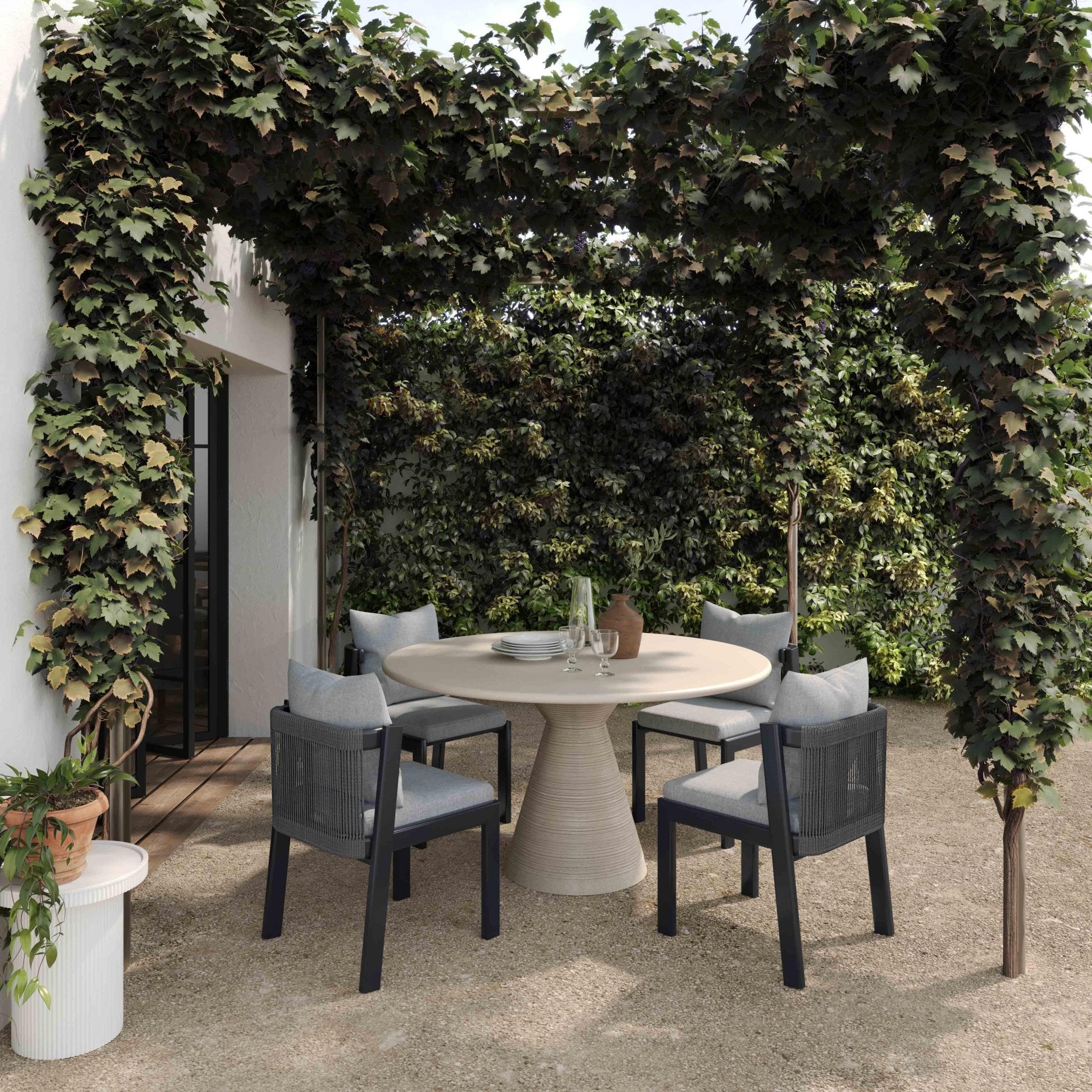 Fern Beige Textured Faux Plaster Concrete Indoor / Outdoor Round Dining Table Dining Tables| TOV