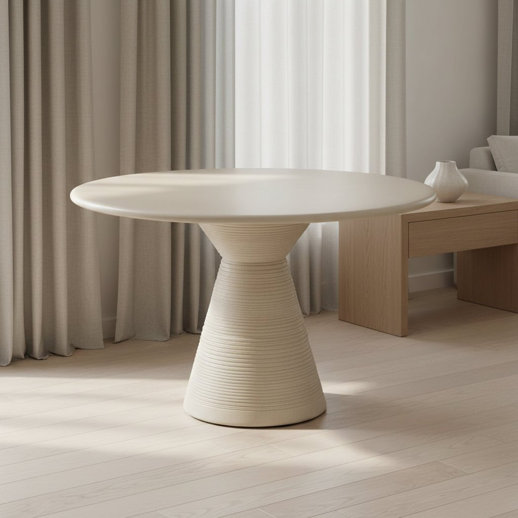 Fern Beige Textured Faux Plaster Concrete Indoor / Outdoor Round Dining Table Dining Tables| TOV