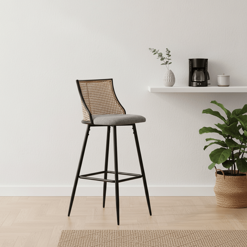 Florence Bar chair – dark gray with woven rattan back, armless design Bar Stool| Otath