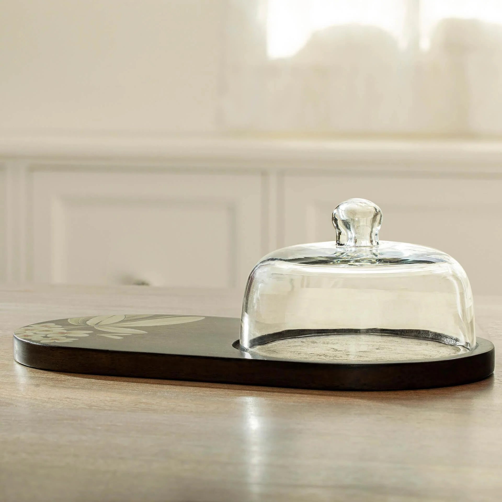 Frangipani Glass Cloche with Wooden Platter Tray| Roots Furniture
