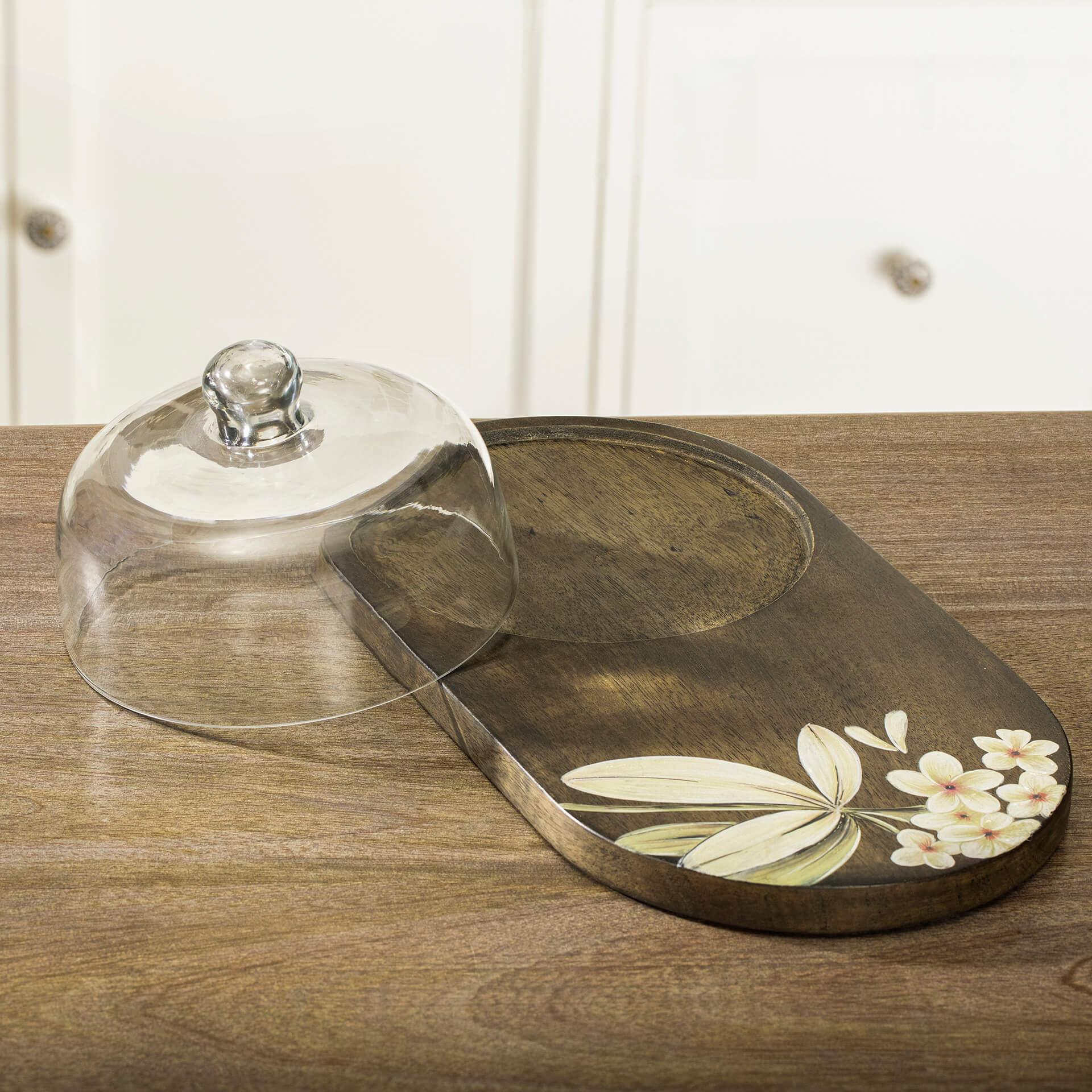Frangipani Glass Cloche with Wooden Platter Tray| Roots Furniture
