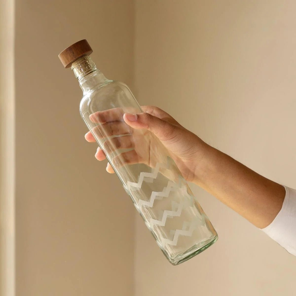Frosted Chevron Glass Bottle W/Brown Wood Stopper Bottles & Containers| Roots Furniture