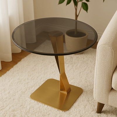 Geometric Luxury Side Table – Glass Top with Gold Stainless Steel Base - Al Rugaib Furniture